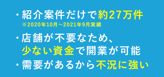 ・紹介案件だけで約27万件(※2019年10⽉〜2020年9⽉実績)・少ない資金で開業が可能・需要があるから不況に強い
