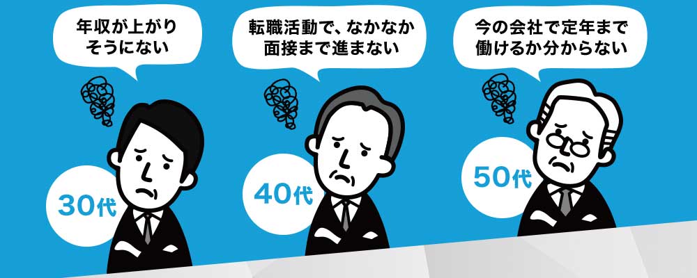 ・年収が上がりそうにない・転職活動で、なかなか面接まで進まない・今の会社で定年まで働けるか分からない